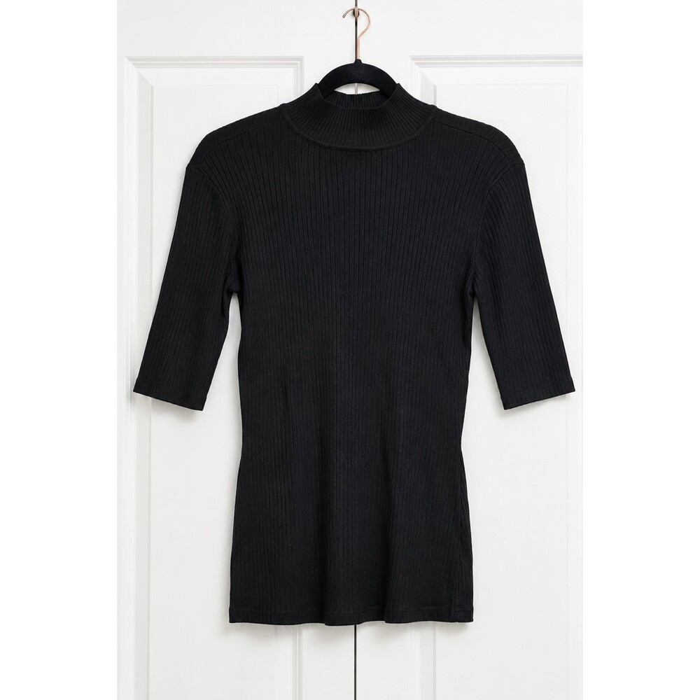 Madison Grey Women XL Black Ribbed Mock Neck Knit Top 3/4 Sleeve Stretch